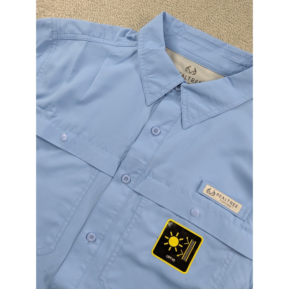 Realtree Fishing Mens SS Guide Shirt Blue UPF 40 Performance Button Down Medium